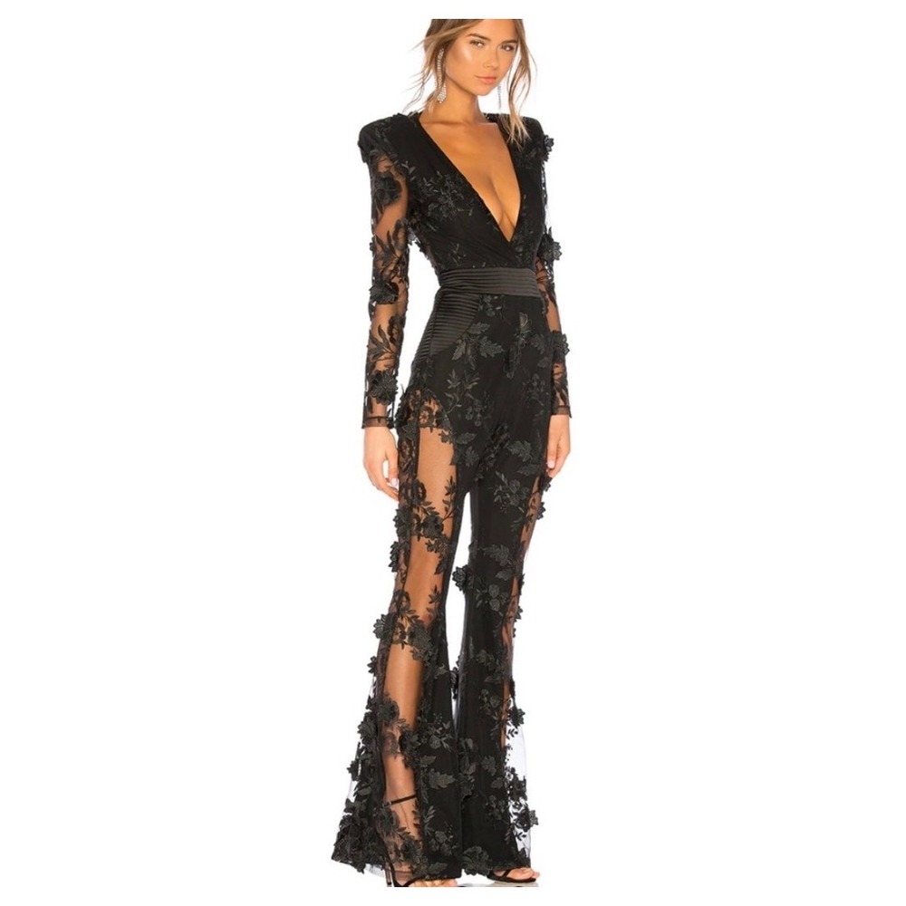 Zhivago The Black Parade Floral Jumpsuit Sheer Long Sleeve Flare Leg (tiny flaw)